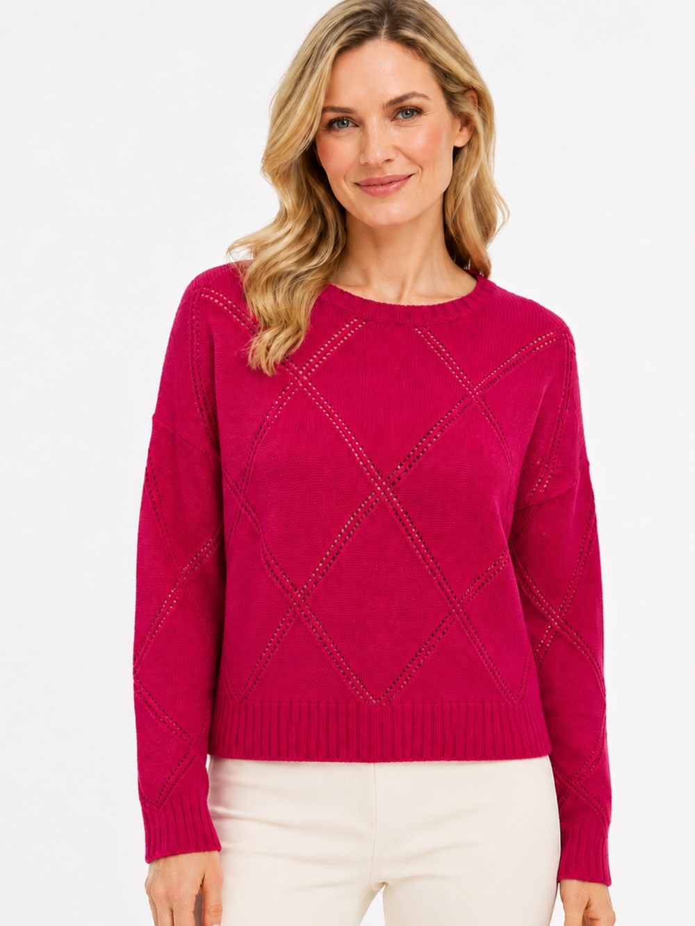 Bartolini Made in Italy Lambswool Fuchsia Crewneck Sweater M Open Knit